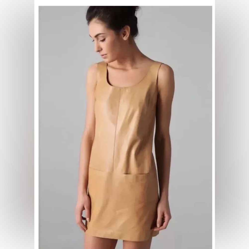 VINCE. Tan Lamb Leather Front Pocket Mini Shift Dress Size 4 Small